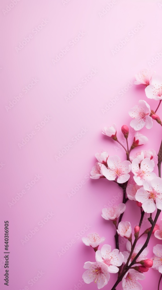 pink branch of cherry blossom on a pink background with copy space for text