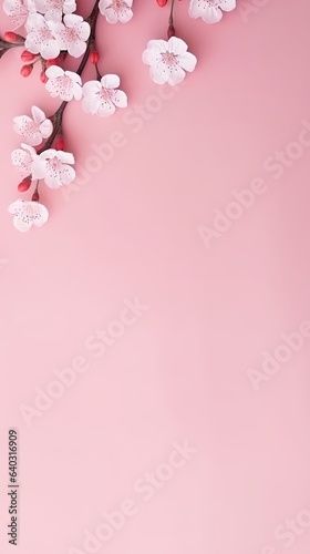 pink branch of cherry blossom on a pink background with copy space for text © Ali