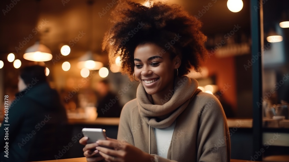 Beautiful black woman using her phone in coffee shop. Beautiful black woman using her phone in coffee shop.