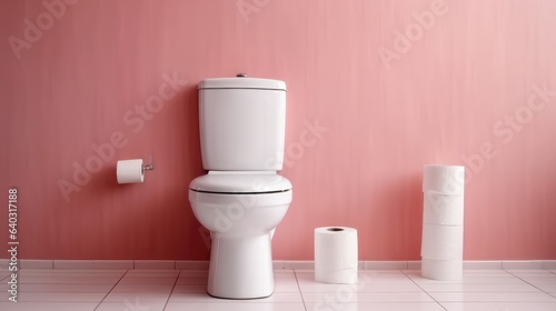 Modern toilet room interior  Ceramic toilet bowl and paper rolls near pink wall.