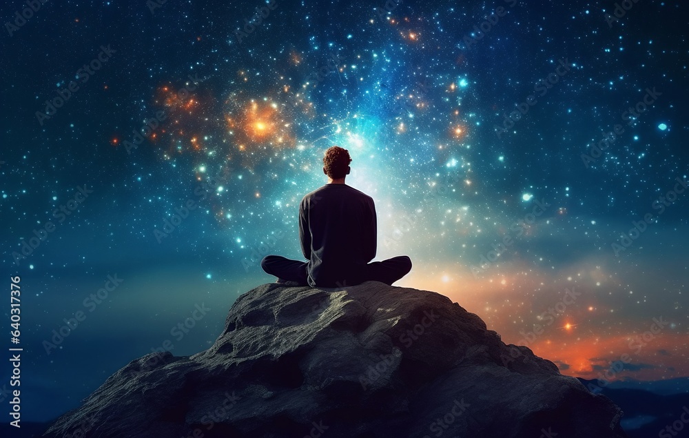 Meditating practice, generative ai image of a person sitting in lotus pose outdoor while space galaxies flying around, magic moment of finding inner peace. Meditating practice, generative ai image of a person sitting in lotus pose outdoor while space galaxies flying around, magic moment of finding inner peace.
