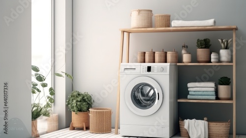 Laundry Room with washing machine, Dryer, Laundry basket and folded towels.