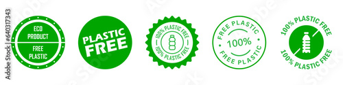 Plastic free - green vector labels for packaging on bottle. Eco friendly package stickers. photo