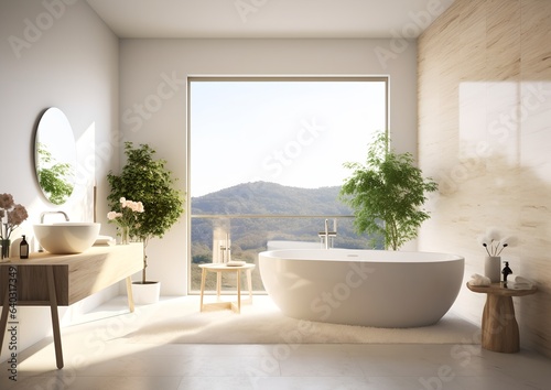 Modern bathroom interior with green plants, generative ai image of comfortable and luxury bathroom © inspiretta