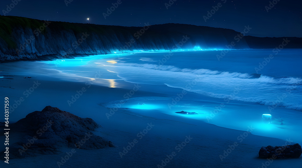 Scene of a bioluminescent beach at night