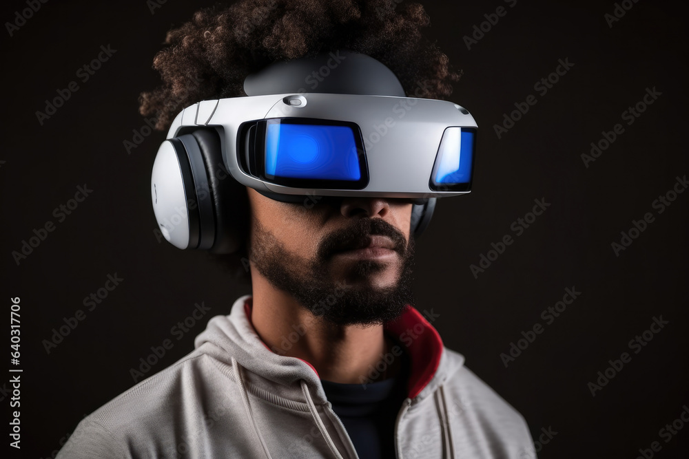 Man wearing VR Virtual Reality Goggles, VR Headset, Futuristic Visions. Man wearing VR Virtual Reality Goggles, VR Headset, Futuristic Visions.