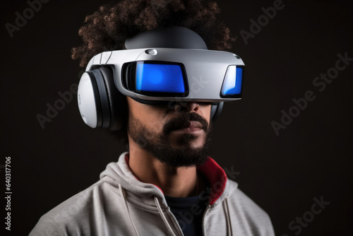 Man wearing VR Virtual Reality Goggles, VR Headset, Futuristic Visions. © visoot