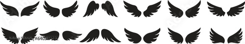 set of Wings with long feather. Angel or bird wing flat black icons. Aviation pilot patch badge. Heraldic vintage army insignia emblem falcon phoenix hawk. winged frame. Biker logo stencil stamp.