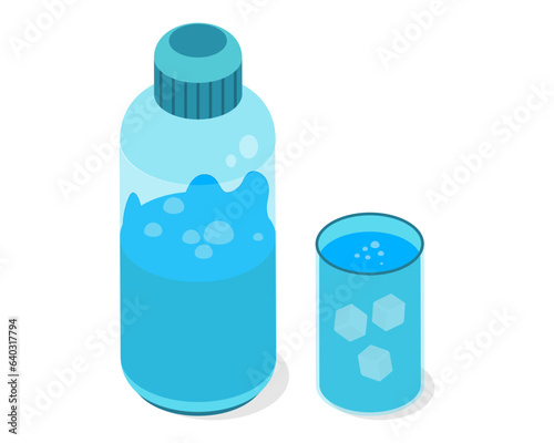 blue plastic bottle with a glass of water