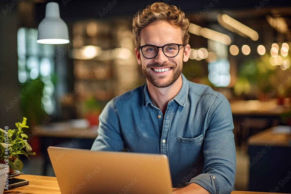 Successful man portrait, generative ai image of man wearing casual outfit confidently looking at camera holding laptop. - obrazy, fototapety, plakaty 