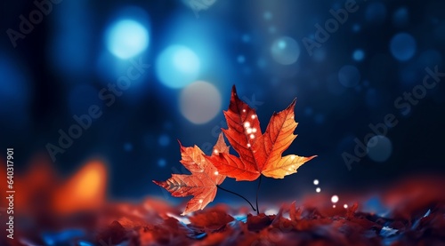 Autumn leaves, generative ai image of magic yellow leaves on blue background with pouring rain.