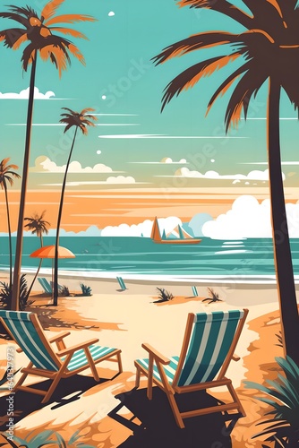 Vacation poster with beach chair and umbrella  generative ai illustration