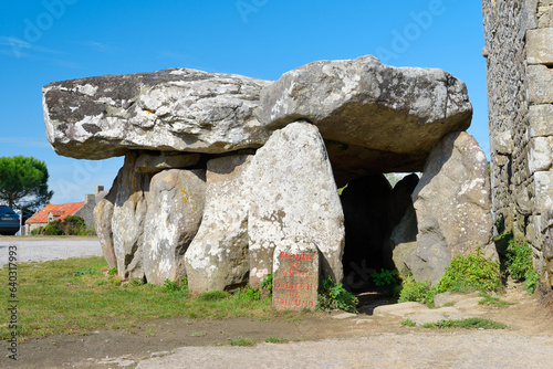 The massive Neolithic prehistoric Crucuno Dolmen in village of Crucuno, Brittany, France.