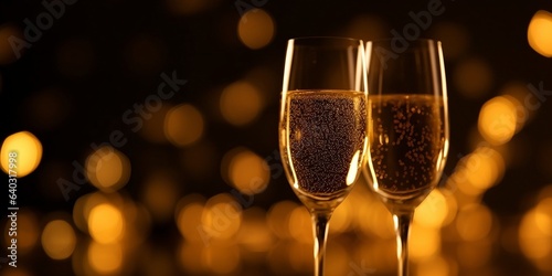 Champagne glasses on glittering background, generative ai image of celebration toast with sparkling wine.