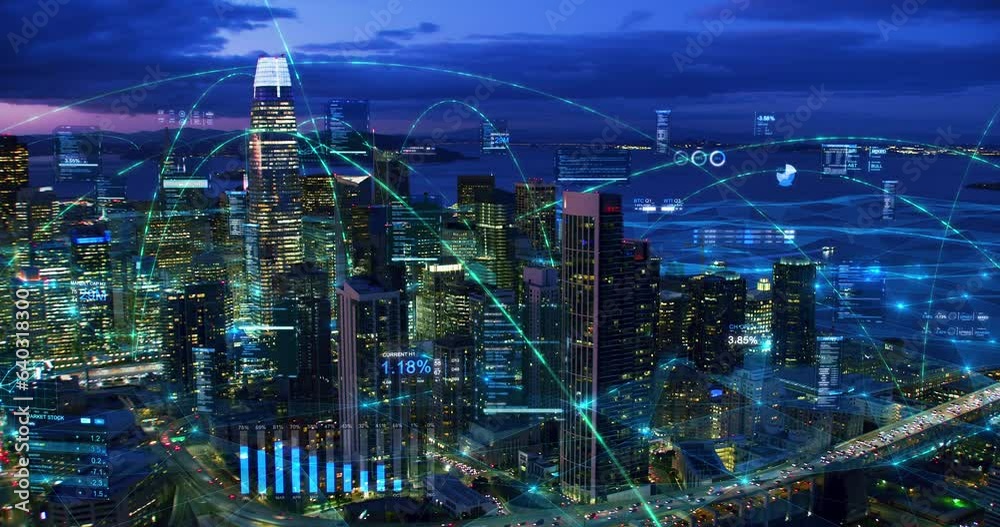 San Francisco Aerial Smart City with Finance Elements. Hologram Arches