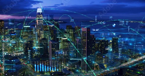 Wallpaper Mural San Francisco Aerial Smart City with Finance Elements. Hologram Arches Forming During Network Communication Futuristic City 5G, Augmented Reality, Internet of Things. Shot from Helicopter in 8K Torontodigital.ca