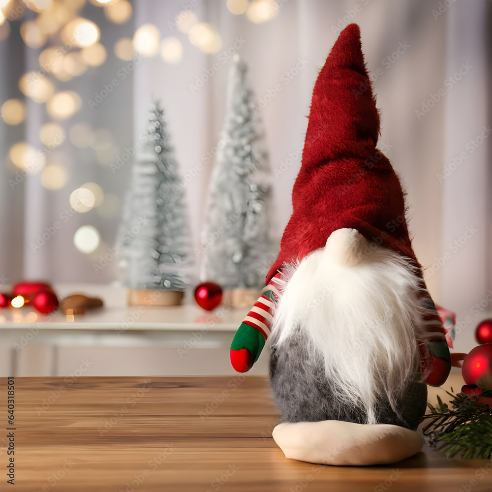 Obraz premium Santa Claus doll on a wooden table with copy space. Merry Christmas.