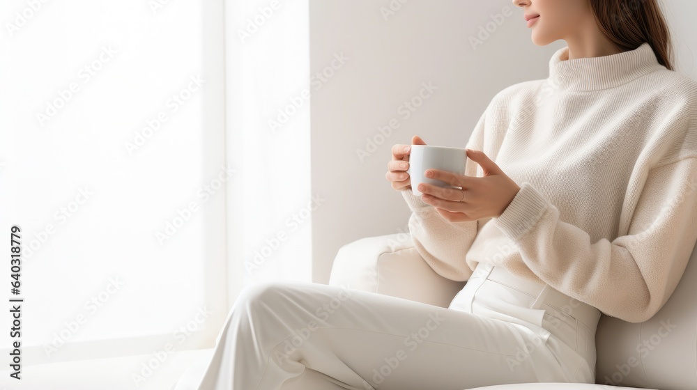 This captivating image captures a moment of pure relaxation. The hyper-realistic details and sharp focus bring the scene to life. In a serene living room, a person sits on a plush white sofa