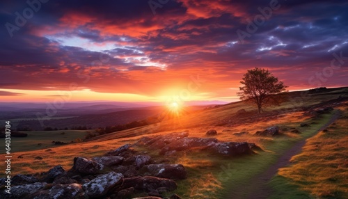 Photo of a beautiful sunset over a picturesque grassy hill