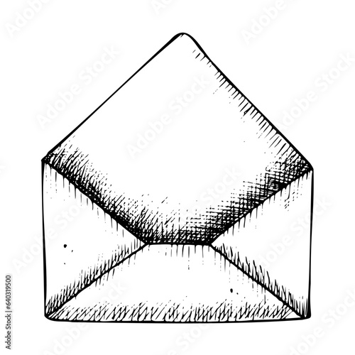 Open Envelope for Letter. Hand drawn vector illustration of old retro message on white isolated background painted by black inks. Outline drawing of vintage mail for greeting cards or invitations.