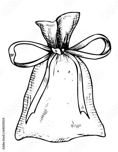 Aromatic Sachet. Hand drawn vector illustration of bag with ribbon for aroma therapy and relaxing isolated on white background painted by black inks. Outline drawing of herbal sack for fragrance.