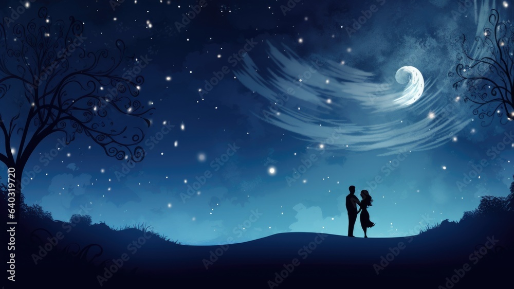 Couple holding hands with a starry background walking under the stars, wedding wishes for romantic moments, layout for wedding marriage wishes and celebration background with copy space for text