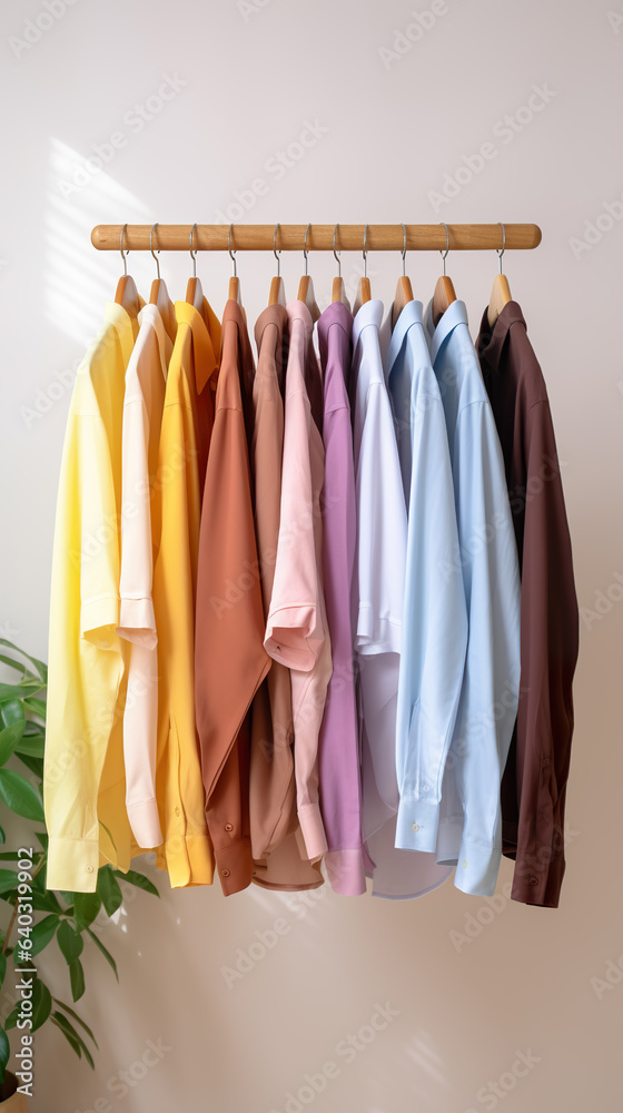 Colorful shirts hanging on wooden hanger in room, closeup