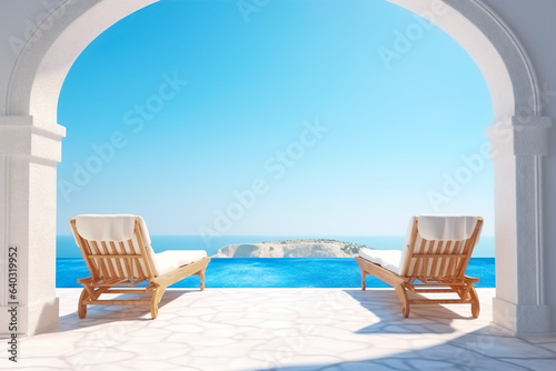 Two chaise lounges on the terrace overlooking the sea