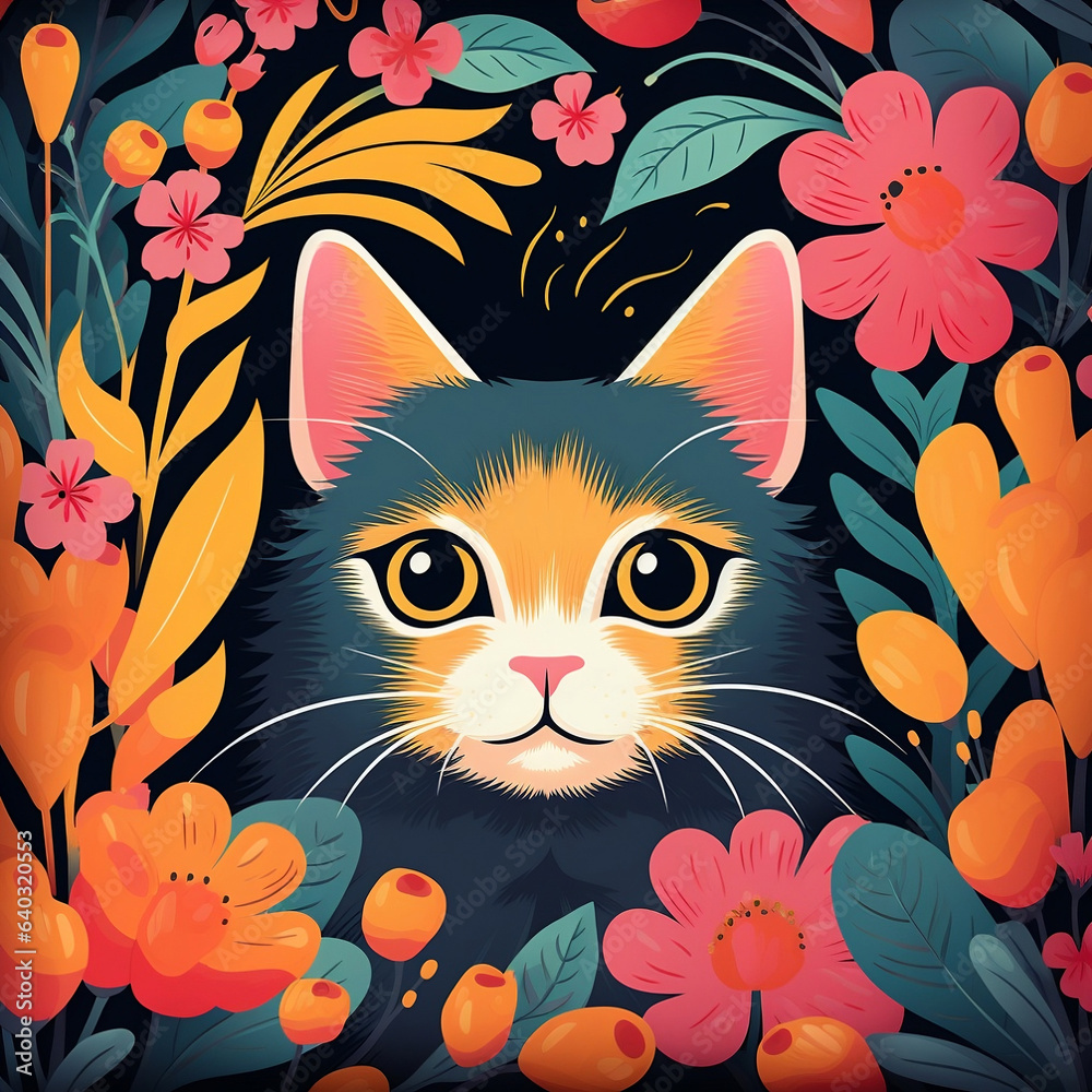 Cat and flowers art Cat and flowers art