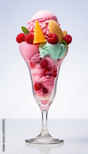 Fruit sorbet ice cream in a glass isolated on white background.