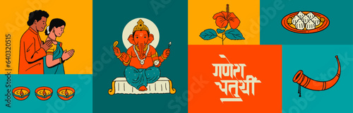 Ganesh Chaturthi calligraphy in Marathi, Hindi with Ganesha editable hand-drawn vector illustration and traditional festive background and festive elements for social media banner design template