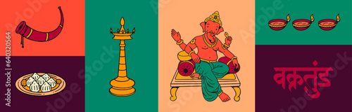 Ganesh Chaturthi calligraphy in Marathi, Hindi with Ganesha editable hand-drawn vector illustration and traditional festive background and festive elements for social media banner design template