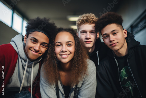 Group of four smiling teenagers, one girl and three boys, in high school photo