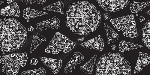 Seamless pattern with italian pizza slices and ingredients. Drawn on chalkboard italian fast food. Background with pizza pepperoni, salami, mushroom. Sketch style illustration for menu. Engraved style