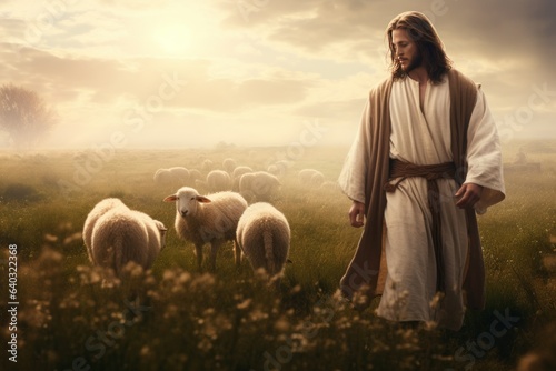 The Good Shepherd: Jesus' Presence Amongst Sheep in a Meadow Scene 