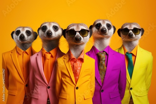 Fashionably United: Meerkat Group in Vibrant Outfits for a Standout Advertisement