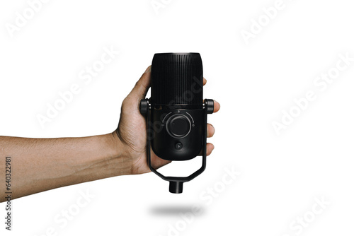 Man hand holding condenser mic on white background