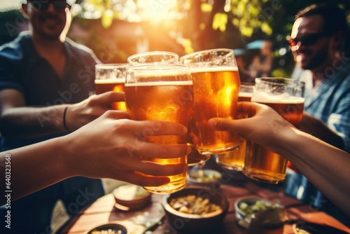 Summer BBQ Cheers: Friends Toasting with Beer in Close-Up Celebration
