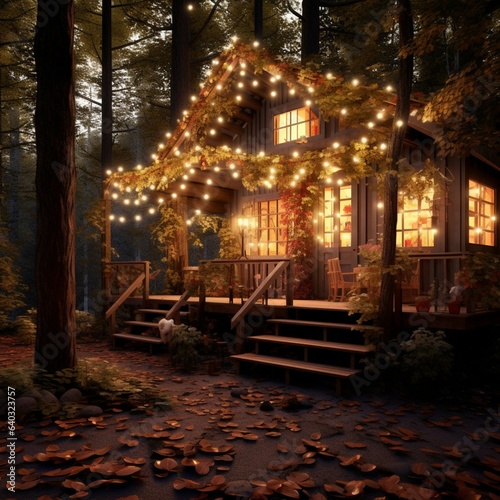 Wooden secluded house in the forest decorated with street bright garlands and light bulbs. Romantic atmosphere, cozy autumn evening. AI generated illustration. 