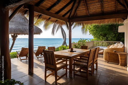 Outdoor terrace of a cozy bungalow with dining table in the center on the ocean  a relaxing atmosphere for a secluded holiday surrounded by natural beauty