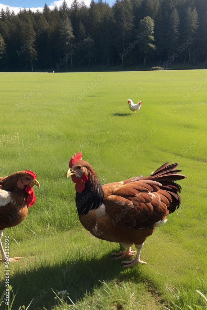 Fototapeta premium Chickens Roaming Free in the Village Grass
