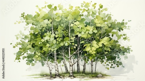 Illustration of a bright green birch on a white background.