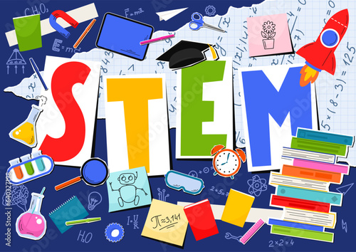 STEM. Science, technology, engineering, mathematics. Science education collage with hand written word "STEM"