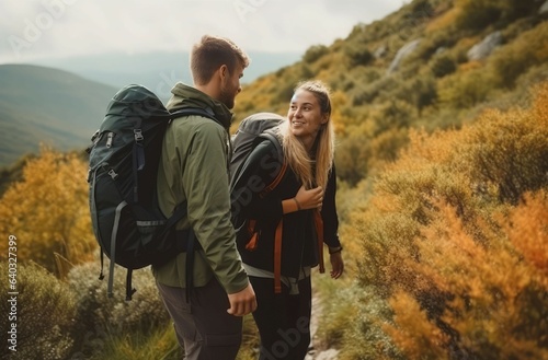 Couple backpack hiking. Generate Ai