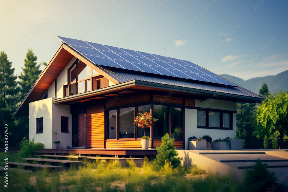 Solar panels on a gable roof. Beautiful, large modern house and solar energy. Rays of the sun. Vintage. Alternative electricity source. AI generated Solar panels on a gable roof. Beautiful, large modern house and solar energy. Rays of the sun. Vintage. Alternative electricity source. AI generated
