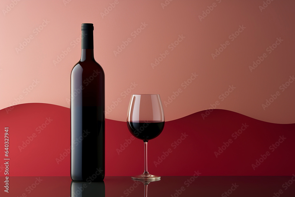 Bottle of red wine. Bottle of red wine and wineglass on red background. Red wave wine concept background. Copy space for your text, generative ai Bottle of red wine. Bottle of red wine and wineglass on red background. Red wave wine concept background. Copy space for your text, generative ai