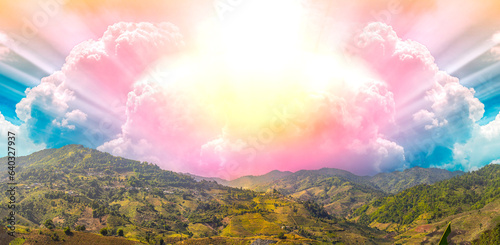 Sun heaven God amazing beautiful shining with sunrise behind super nova light awesome clouds on warm bright day nature purple violet sun ray sunbeam full color. High mountain