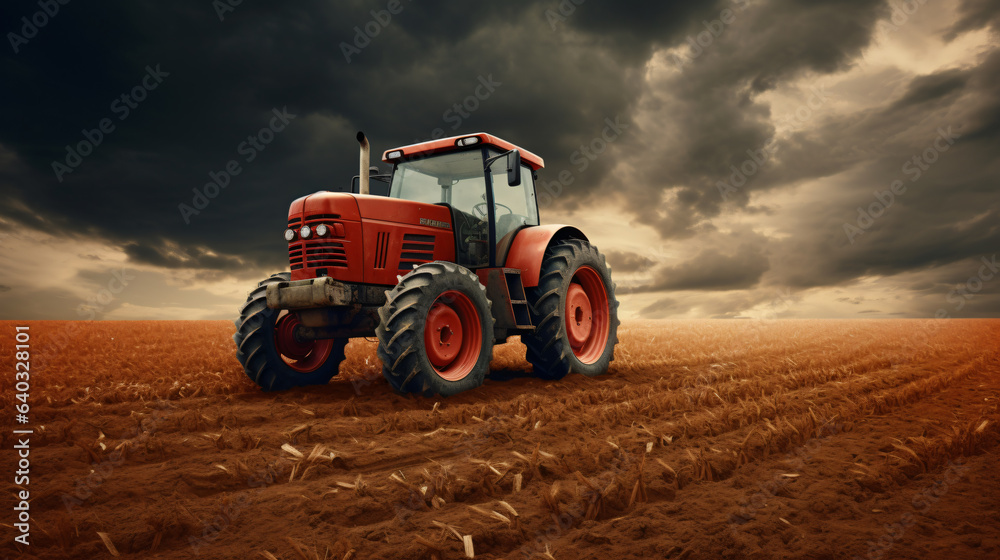 Obraz premium Agricultural landscape panoramic view, tractor field, harvest, farm