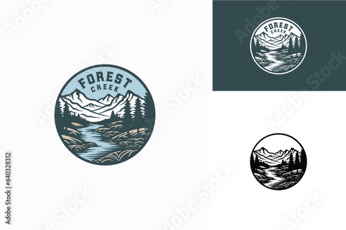 Mountain Peak with Lake Forest, Pine Evergreen Larch Tree with River Creek Landscape Outdoor Silhouette Label Logo Design