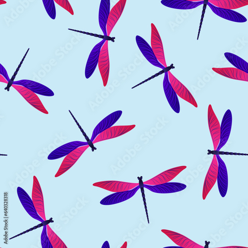 Dragonfly childish seamless pattern. Repeating clothes textile print with dar...